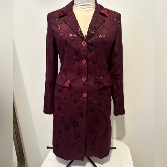 Gorgeous Dark Academia Plum Floral Jacquard Satin Boho Steampunk Coat Jacket S M - Picture 1 of 14